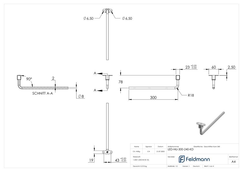 LED-Anschlussplatte mit Stift 300mm, V2A