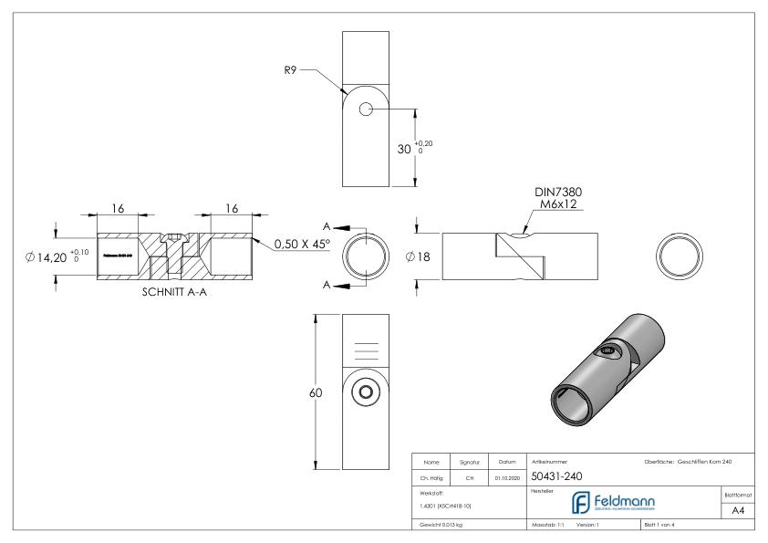 Rundstabverbinder mit Gelenk Ø 14mm, V2A