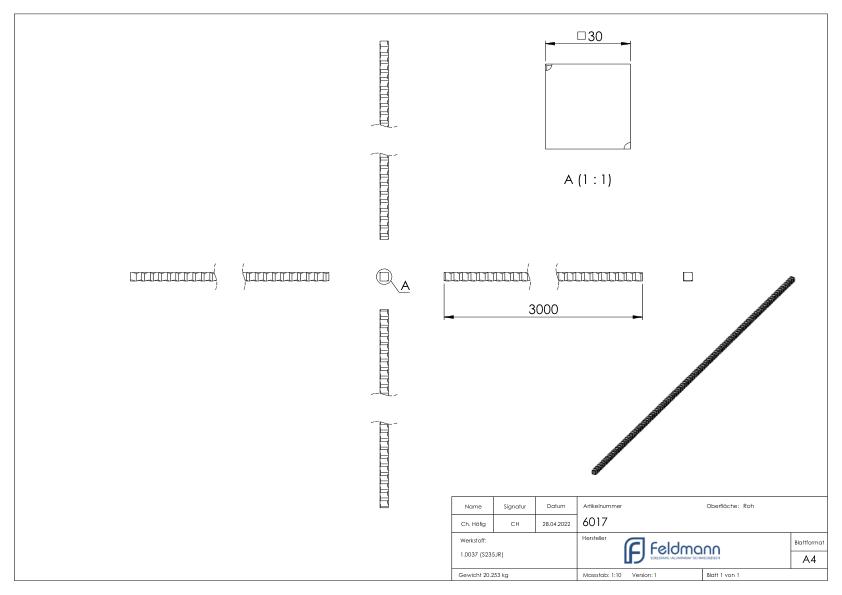 Vierkant S235JR, 30x30mm, L: 3000mm