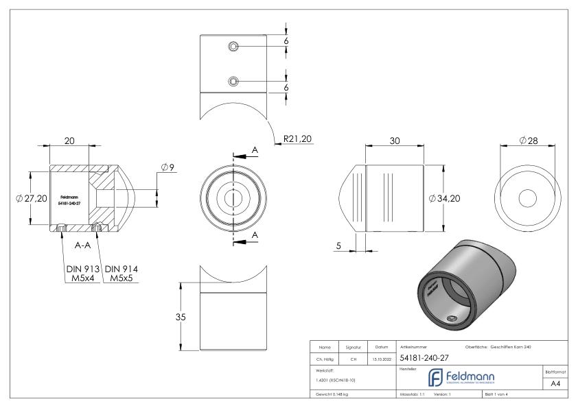 Befestigung für Rohr 26,9mm an 42,4mm, V2A