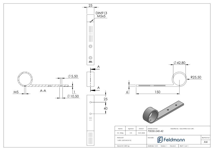 Handlaufstütze, für Rohr 42,4mm, V2A