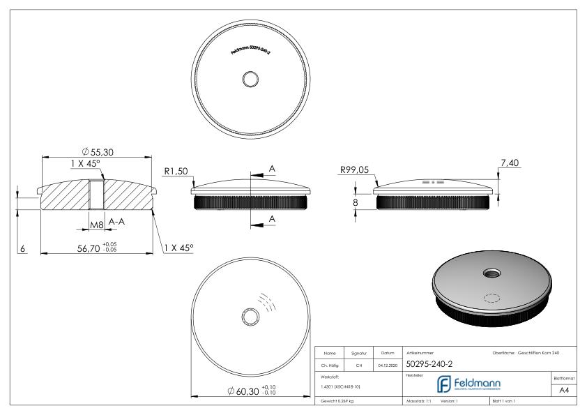Rohrabschlussstopfen, für Rohr 60,3x2,0mm, V2A