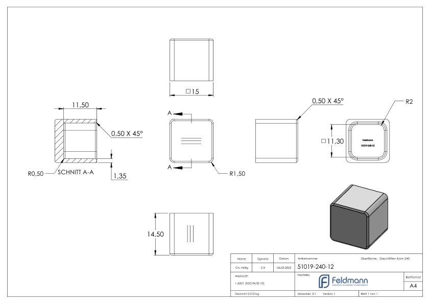 Endkappe für 12x12mm Vierkant, V2A