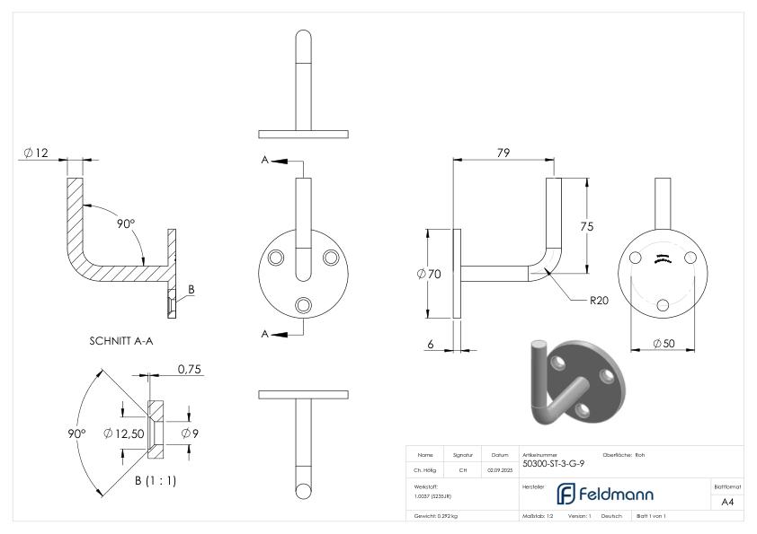 Handlaufträger mit Ronde flach, 70x6mm