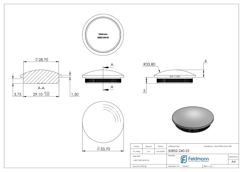 Rohrabschlussstopfen, für Rohr 33,7x2,5mm, V2A