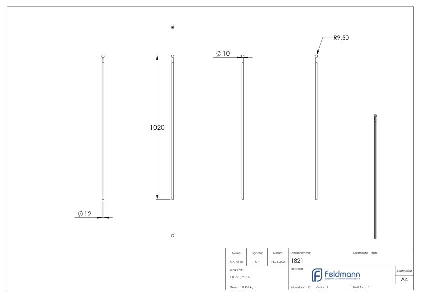 Zaunstab Ø 12mm, H: 1020mm, Kugel 19mm