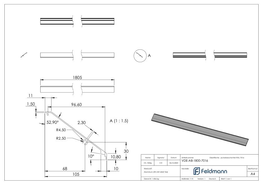 Design-Abdeckung für eleganza canopy, L: 1,805m, RAL 7016