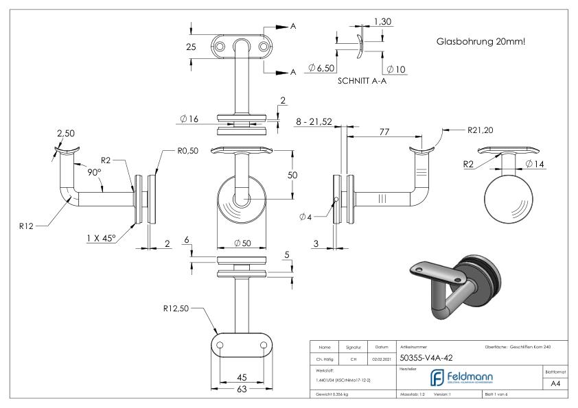 Handlaufhalter für Glas, Handlaufanschlussplatte 42,4mm, V4A