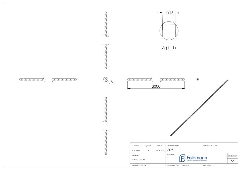 Vierkant 16x16mm, durchgehend gedreht, L: 3000mm