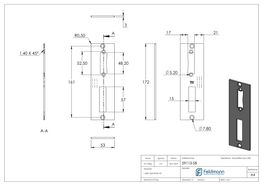 Edelstahlschließblech 172x53x3,0mm, für Abstand 72mm, V2A