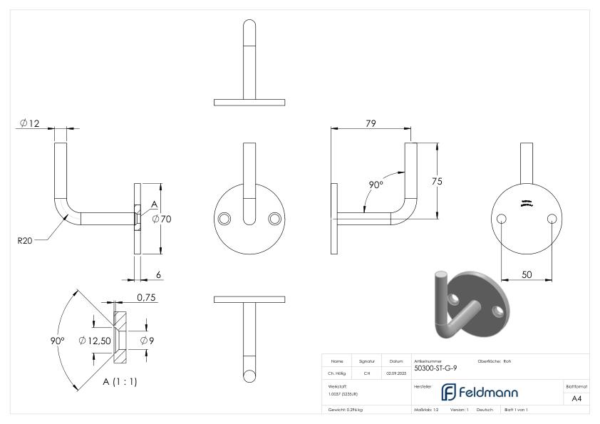 Handlaufträger mit Ronde flach, 70x6mm