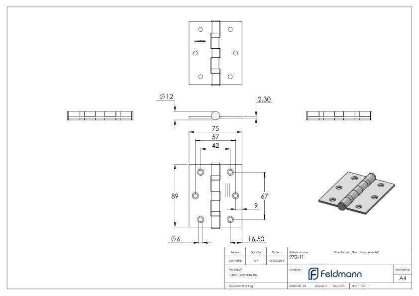 Edelstahl-Scharnier 89x76mm mit festem Zapfen