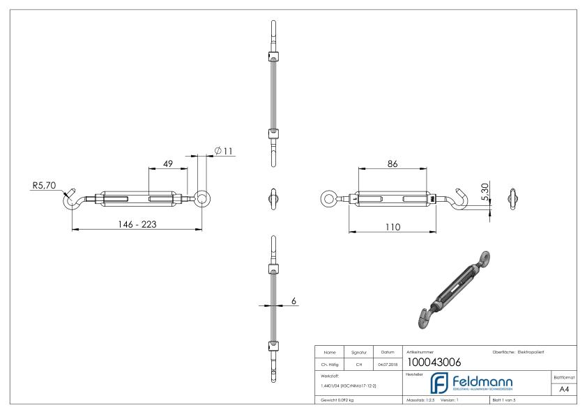 Spannschloss mit Öse / Haken, Rundeisen: 6mm, V4A