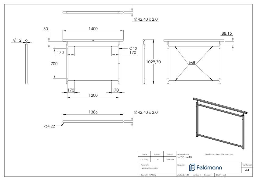 Französisches Balkongitter, gerade, Breite 1,2m, V2A