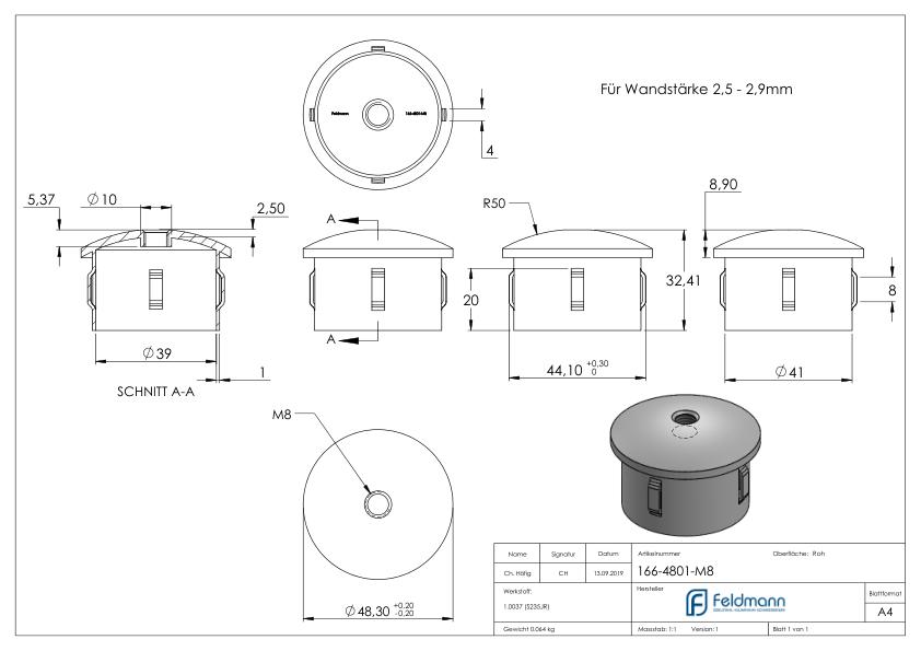 Stahleinschlagkappe, für Rohr 48,3mm