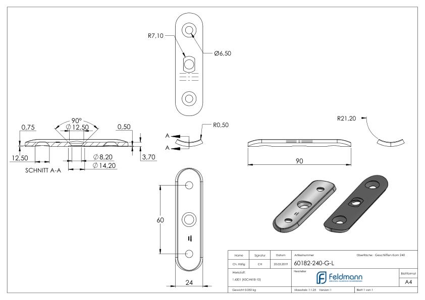Handlaufanschlussplatte lange Ausführung, 42,4mm, V2A