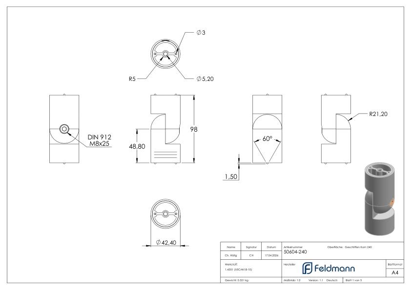 Verbinder flexibel: für 42,4mm Holzhandlauf, V2A