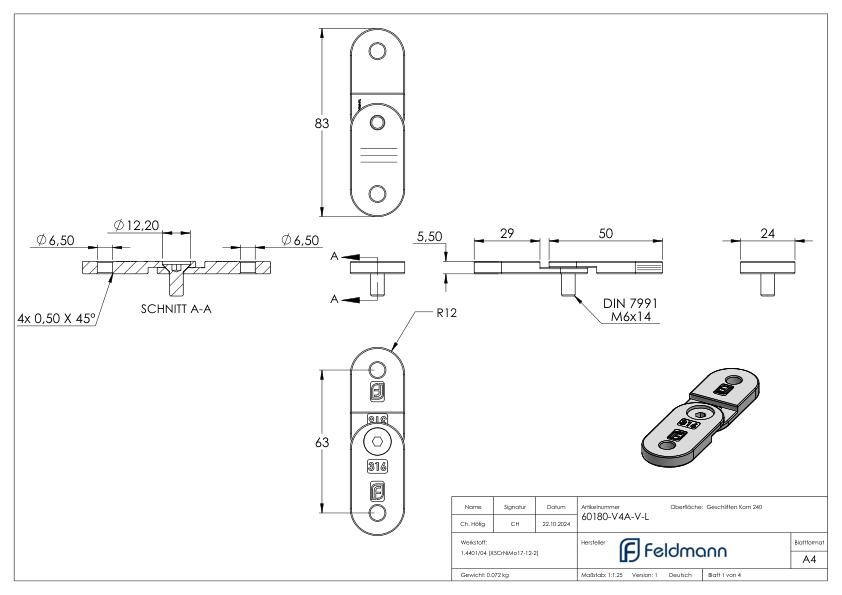 Handlaufanschlussplatte verstellbar, flach, V4A