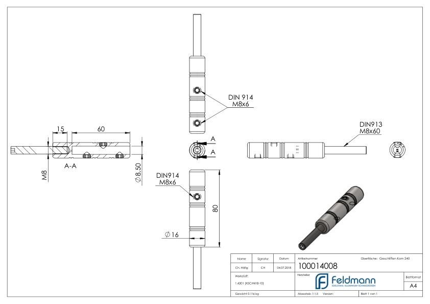 Gewindeterminal zur Selbstmontage, für 8mm Seil, V2A Gewindeterminal zur Selbstmontage, für 8mm Seil, V2A