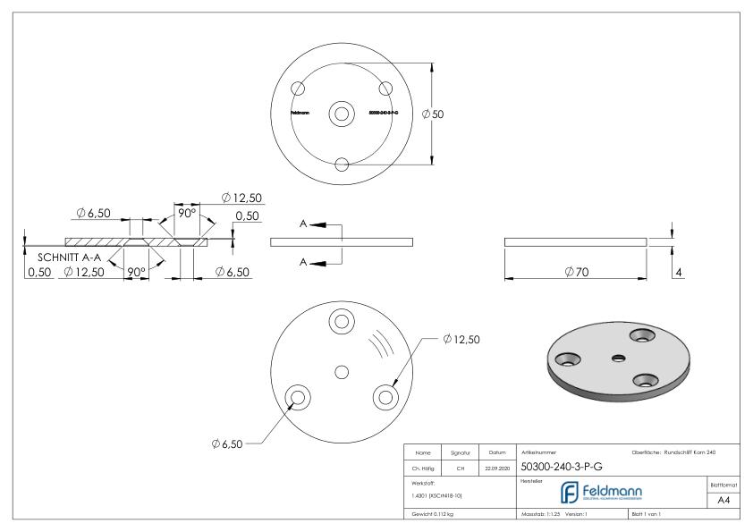 Ronde, Ø 70x4mm, mit Rundschliff, V2A