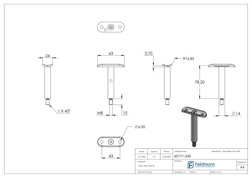 Stift Ø 14mm mit Handlaufanschlussplatte für Rohr 33,7mm, V2A