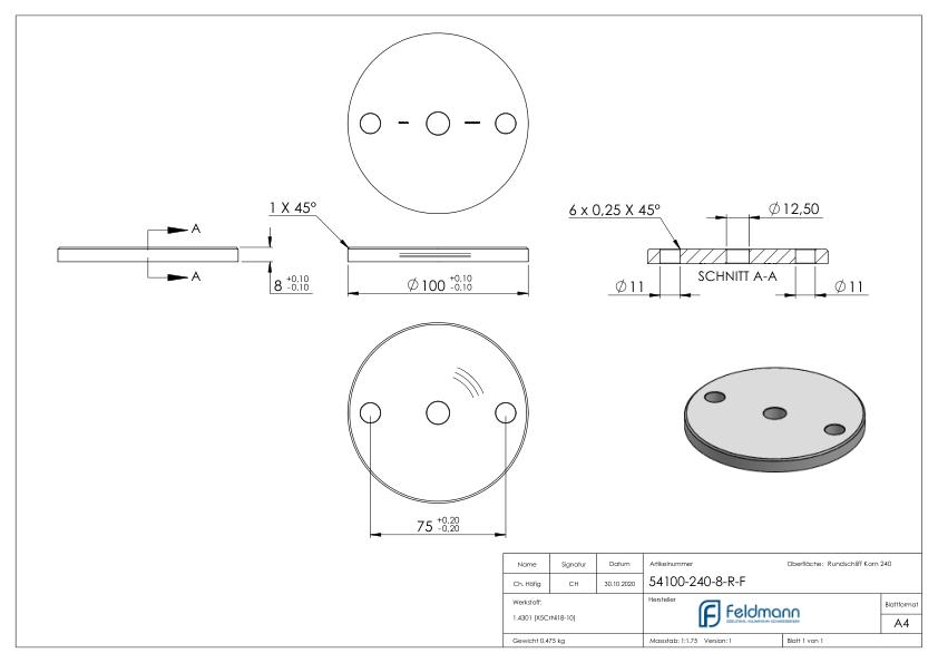 Ankerplatte Ø 100x8mm, mit Rundschliff und Fase, V2A