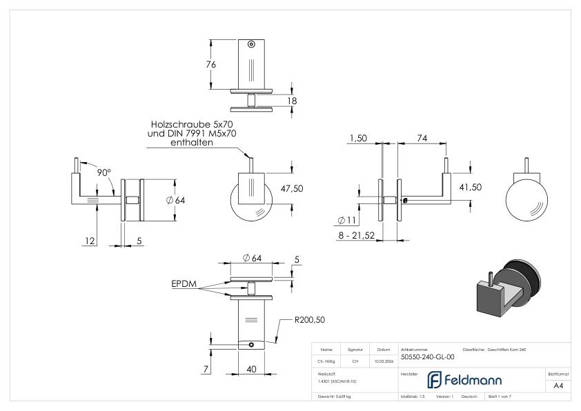 Sensa Design 1, flacher Anschluss, für Montage an Glas, V2A