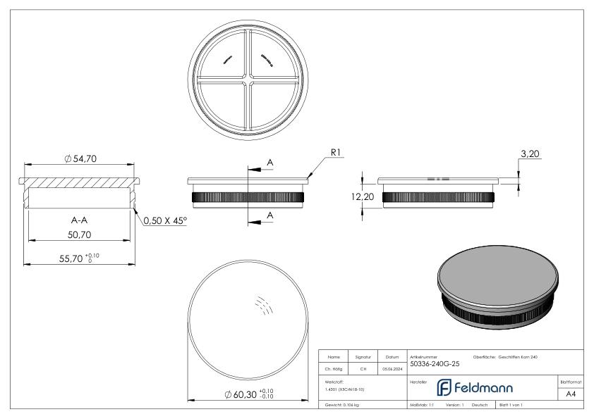 Rohrabschlussstopfen, für Rohr 60,3x2,5mm, V2A