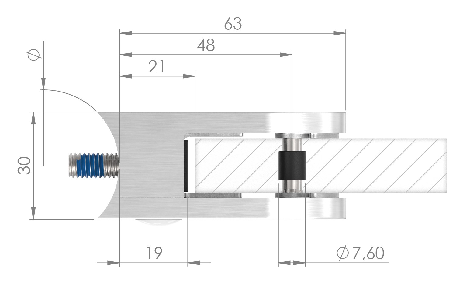 Glasklemme Mod. 38, Anschluss: 48,3mm, Zink roh
