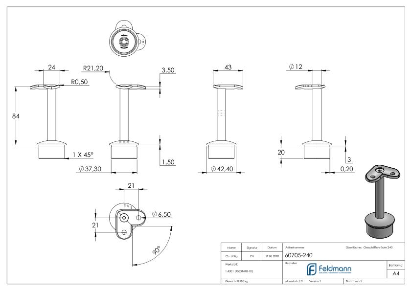 Rohrabschlussstopfen für Rohr 42,4x2,5mm, Haltepl. 42,4mm 90°, V2A
