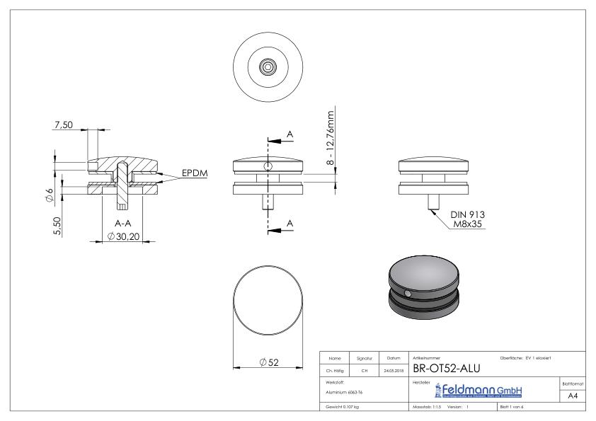 Glaspunkthalter Ø 52 mm, passend zu Brenk-Halter, ALU