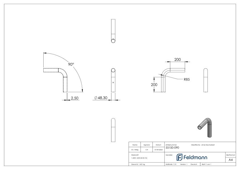 Rohrbogen 90°, aus Rohr 48,3x2,5mm, V2A