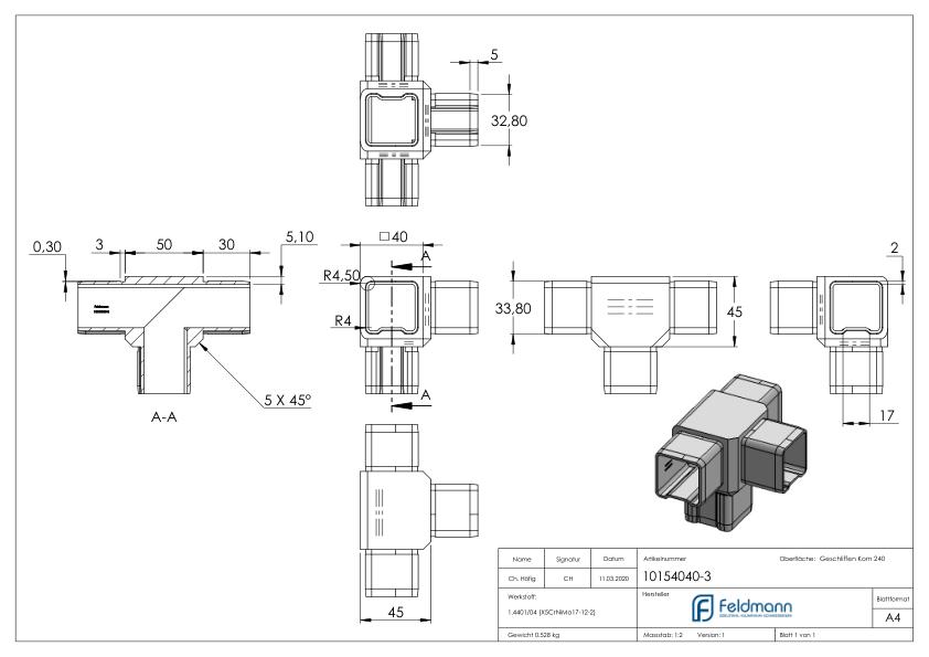 Verbinder für Rohr 40x40x3,00mm, V4A