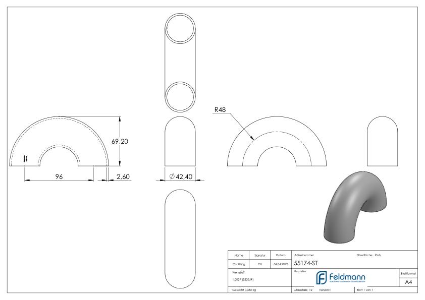 Schweißbogen 180°, 42,4x2,6mm Schweißbogen 180°, 42,4x2,6mm