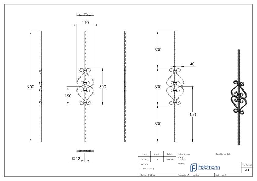 Zierstab 12x12mm, gehämmert, H: 900mm