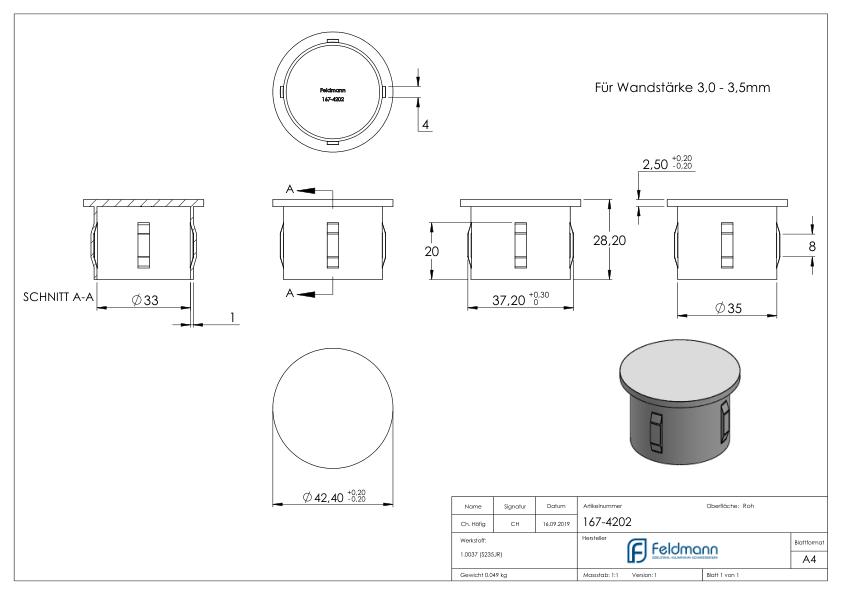 Stahleinschlagkappe, für Rohr 42,4mm