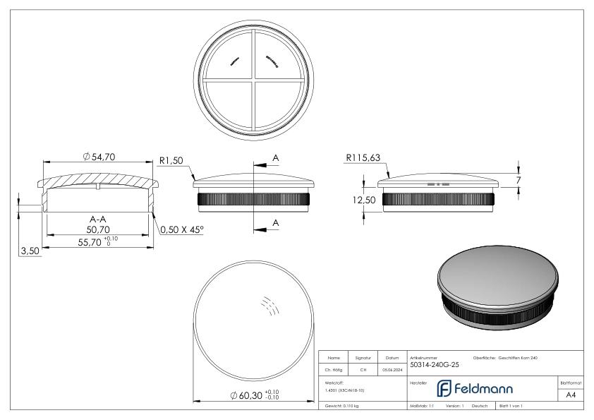 Rohrabschlussstopfen, für Rohr 60,3x2,5mm, V2A