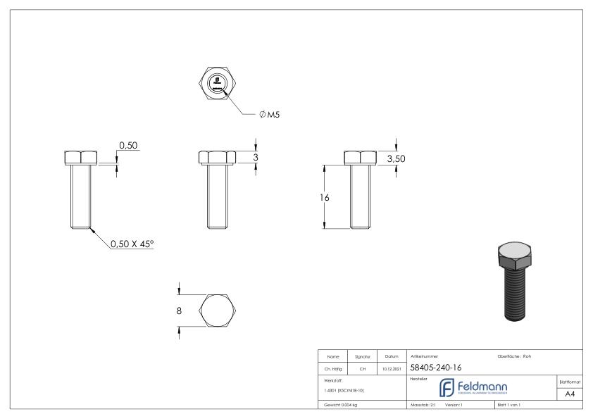 Sechskantschraube M5 x 16, A2, DIN 933 Sechskantschraube M5 x 16, A2, DIN 933