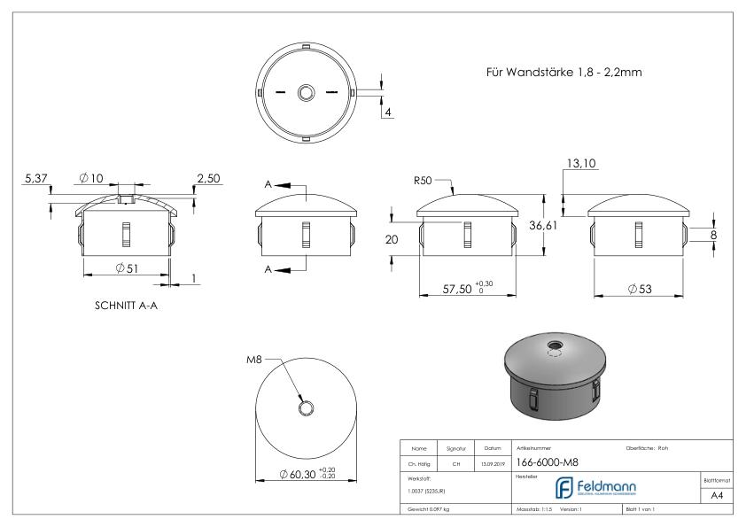 Stahleinschlagkappe, für Rohr 60,3mm
