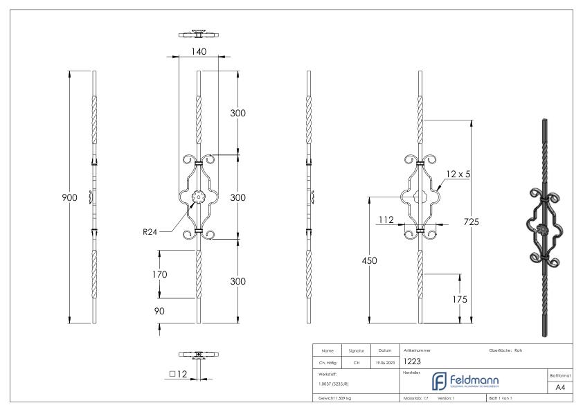 Zierstab 12x12mm, glatt, H: 900mm