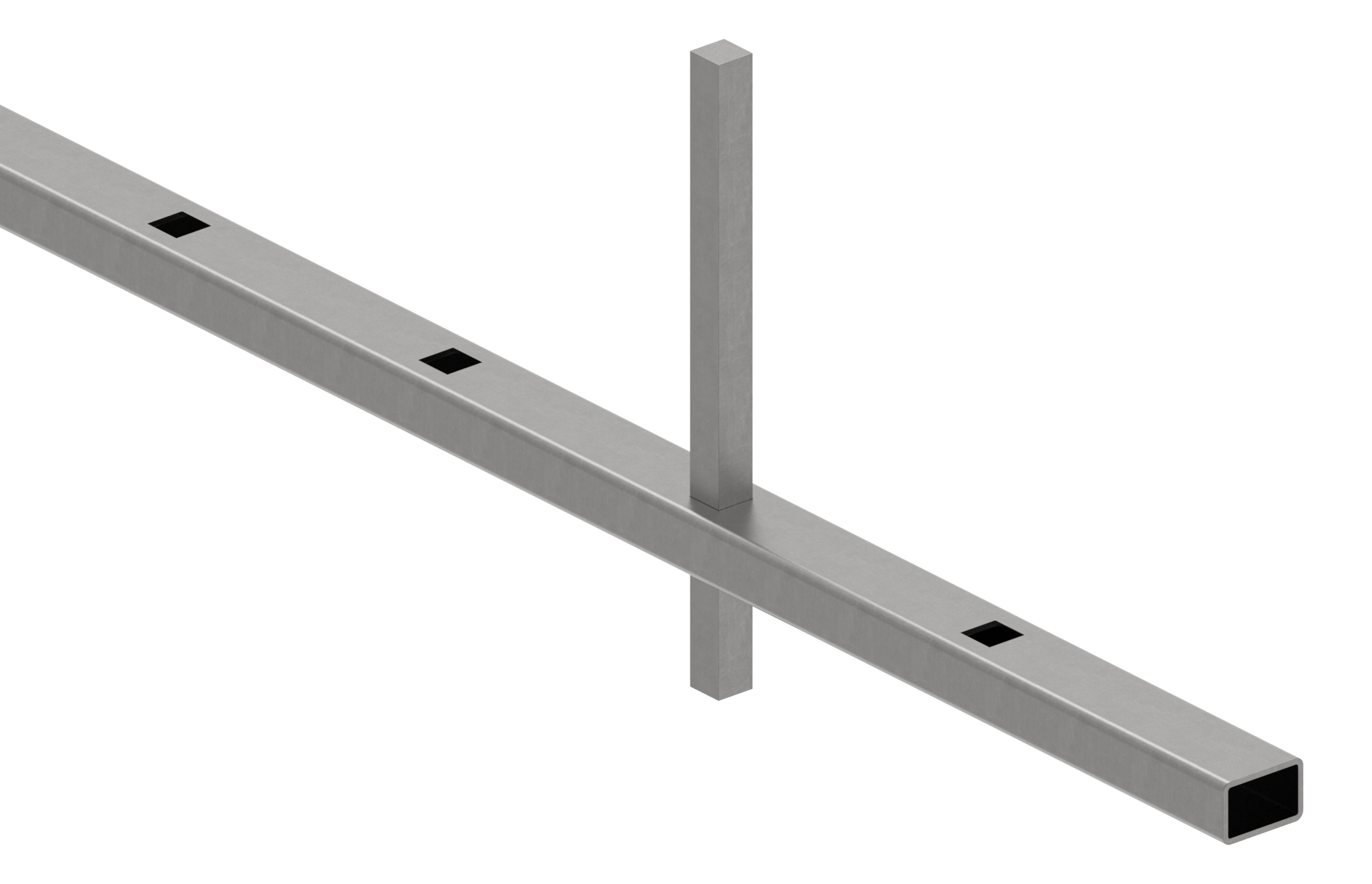 Rechteckrohr S235JR, 30x20x2mm, Löcher f. Vierkant 12x12mm mit Abstand Mitte-Mitte 120mm, L: 3000mm Rechteckrohr S235JR, 30x20x2mm, Löcher f. Vierkant 12x12mm mit Abstand Mitte-Mitte 120mm, L: 3000mm