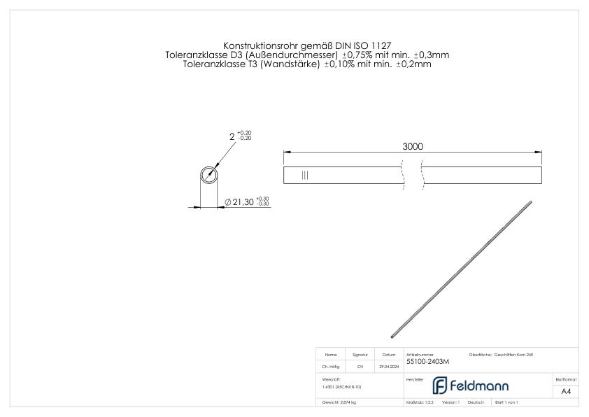 Edelstahlrohr, 21,3x2,0mm, L: 3000mm, V2A