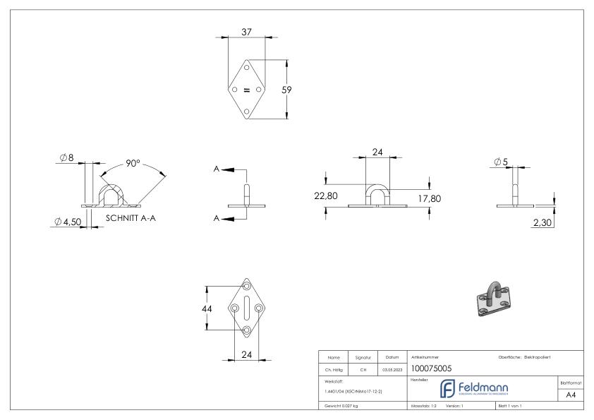 Befestigungsöse mit quadr. Platte V4A