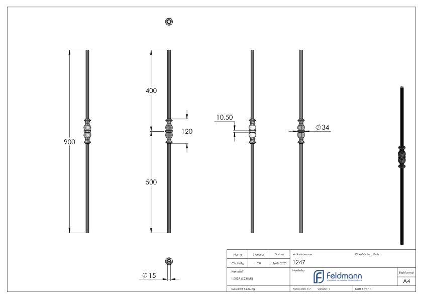 Zierstab 15mm, gehämmert, H: 900mm