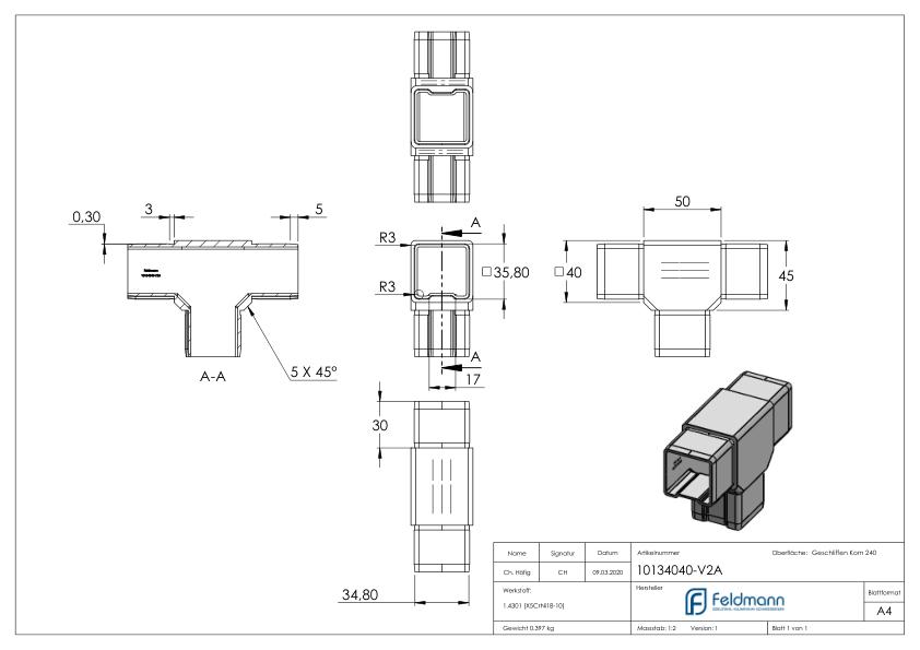 T-Verbinder für Rohr 40x40x2,0mm