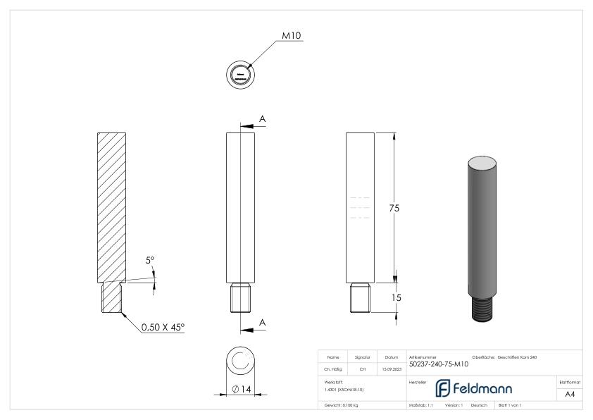 Stift Ø 14mm, L: 75mm, V2A