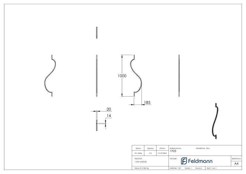 Korbgitterstab 20x12mm, gehämmert, H: 1000mm