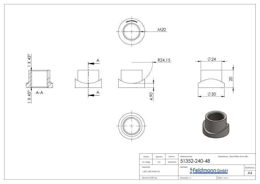 Gewindehülse, passend zu Torband 120-M20-VA, für Rohr 48,3mm, V2A