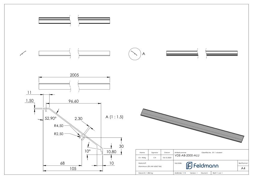 Design-Abdeckung für eleganza canopy, L: 2005mm, Aluminium E4/EV1 Design-Abdeckung für eleganza canopy, L: 2005mm, Aluminium E4/EV1