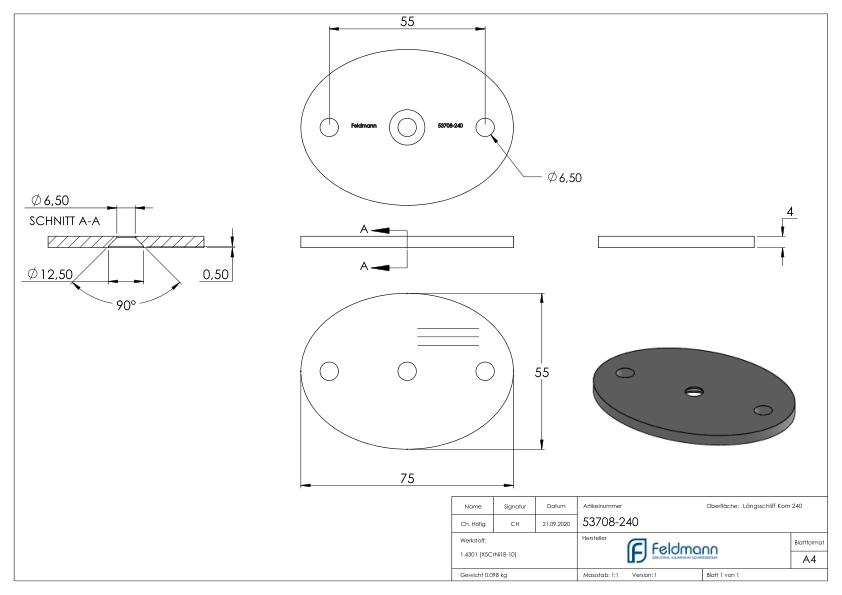 Ronde oval, 75x55x4mm, mit Längsschliff, V2A